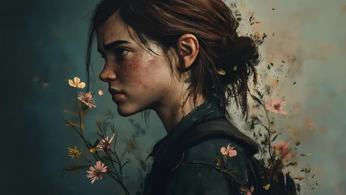 Profile portrait of freckled girl with botanical particle dispersion