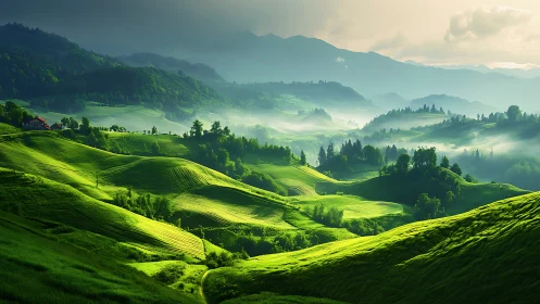 Sunlit green hills and misty distant mountain valley.