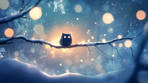Small owl on snowy branch amid soft glowing lights.
