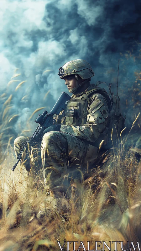 Solitary soldier resting amid smoke in sunlit grassland.