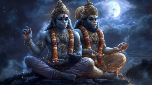 Peaceful twin monkey deities in moonlit mountain meditation.