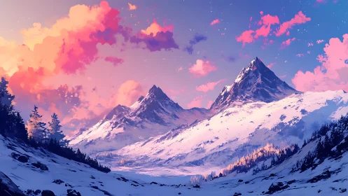Snow-covered mountain range under pink clouded sky.