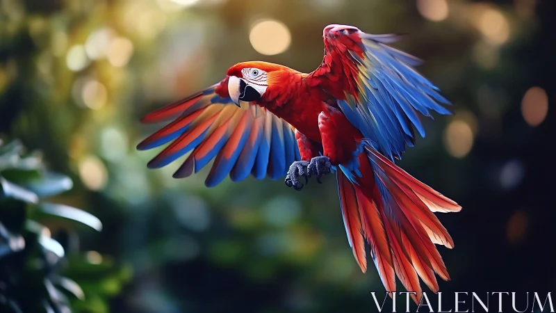 Vibrant scarlet macaw in flight with colorful feathers, nature style.