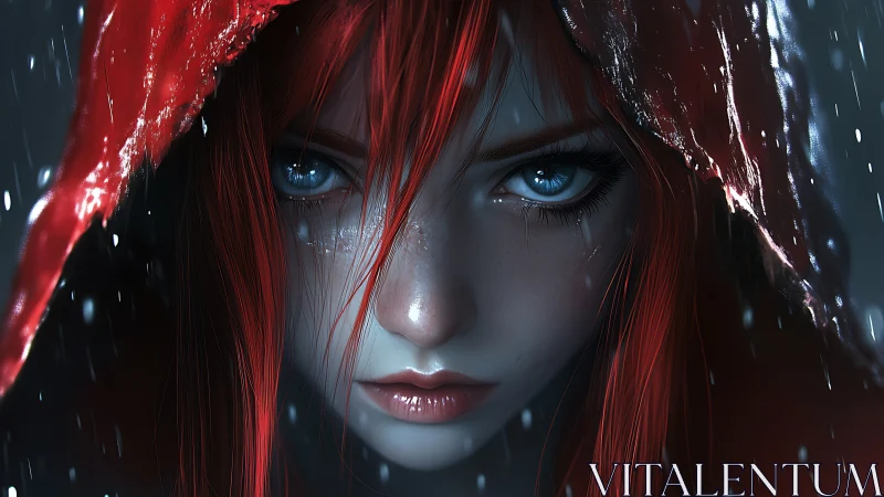 Rain-lashed red-hood portrait with hyperreal ocular focus.