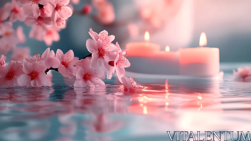 Photorealistic cherry blossoms and spa candles on reflective water.