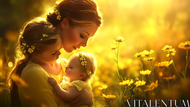 Sunlit mother and daughters weave a golden circle of calm