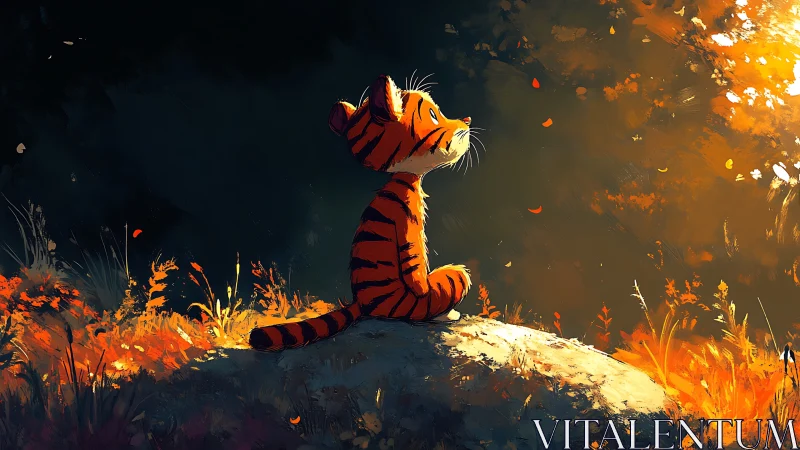 Sunlit tiger cub dreaming quietly on an autumn hillside.