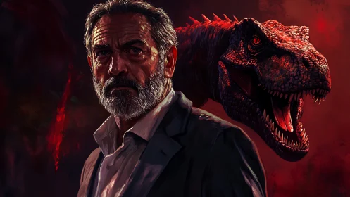 Older man in suit stands before roaring red dinosaur.