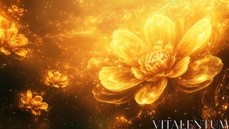 Radiant golden blossoms drift through luminous cosmic void