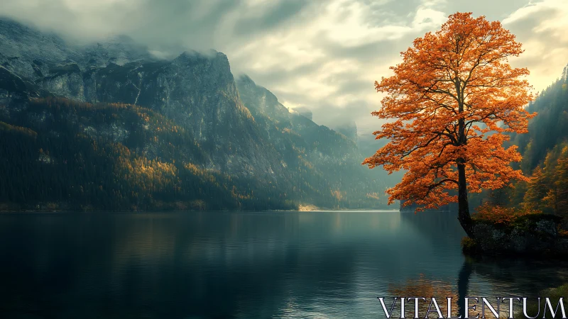 Solitary autumn tree beside still alpine lake at dusk.