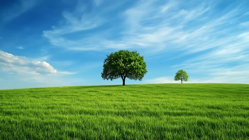 Solitary tree dominates vivid green meadow under blue sky
