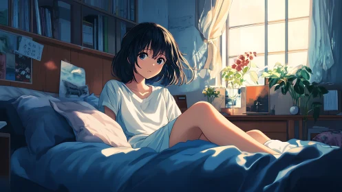 Soft morning light with a thoughtful girl on her bed.