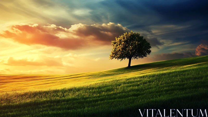 Solitary tree on luminous hillside under dramatic sunset sky.