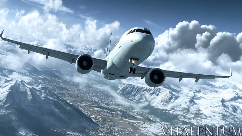 Passenger jet cuts through bright clouds over winter alps.