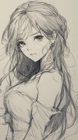 Softly sketched anime girl with gentle eyes and flowing hair.