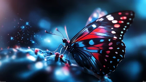 Bioluminescent macro butterfly in neon cyan and magenta light