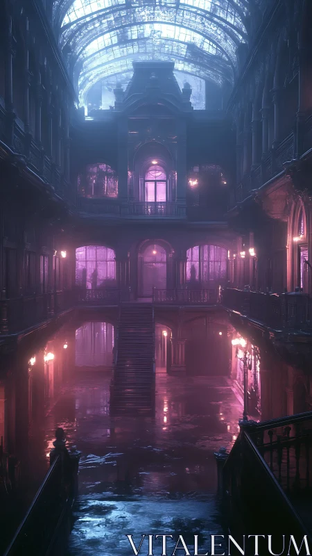 Grand flooded atrium under damaged glass roof glows purple