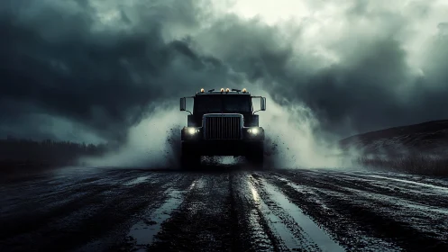 Heavy-duty semi truck on wet rural road under storm clouds