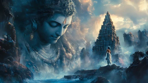 Stormlit temple pilgrimage beneath a dreaming cosmic deity.