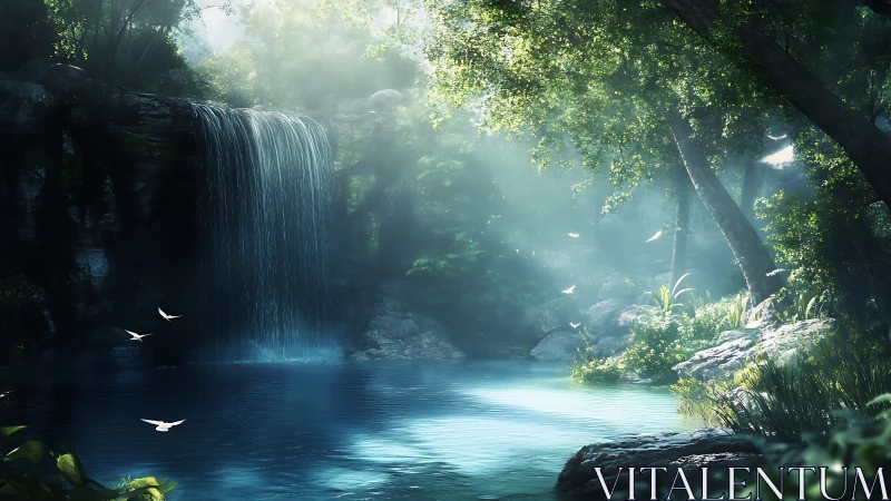 Sunlit forest waterfall and tranquil blue woodland pool.
