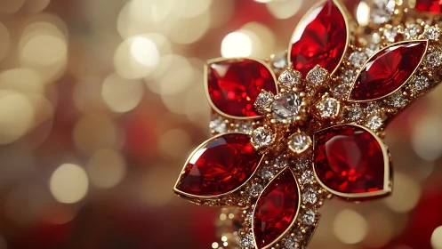 Macro optical study of ruby floral brooch and bokeh field.