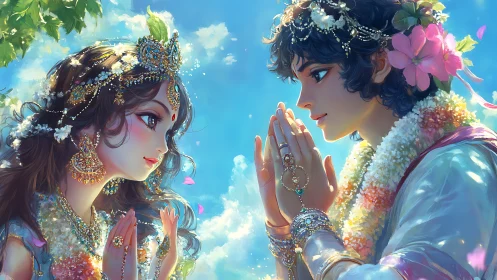 Sacred lovers share a radiant prayer beneath a bright sky