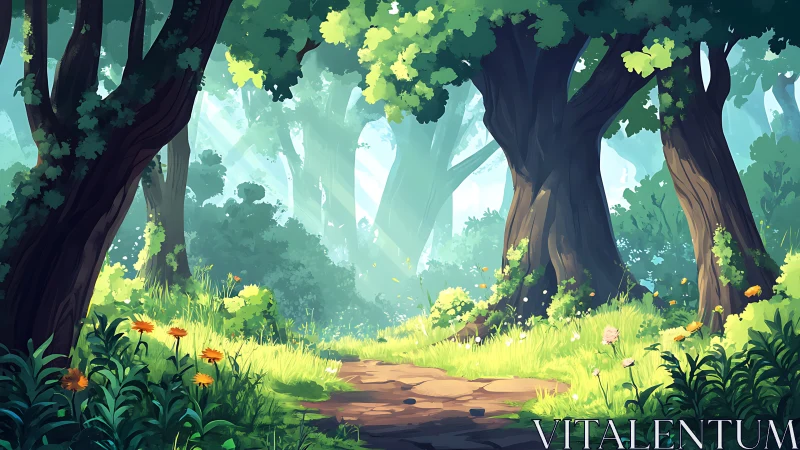 Sunlit Forest Glade with Ancient Trees and Wildflowers.