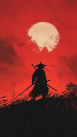 Lone twilight ronin under bloodred moonlit skystorm.