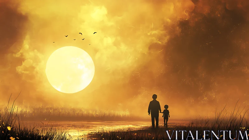 Silhouetted parent and child traverse a luminous sunset marsh
