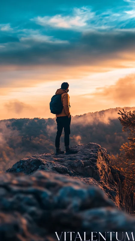 Sunset cliffside hiker soaking in a glowing mountain view.