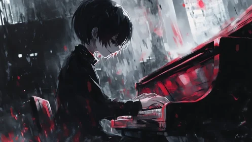 Melancholic pianist in red-lit rain plays a haunting melody.