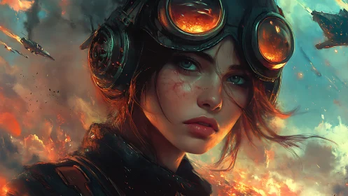 Aerial combat pilot portrait with burning sky reflections