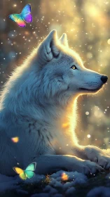 Luminous white wolf with iridescent butterflies at dusk.