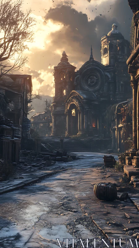 Ruined baroque cathedral street in cinematic golden sunset