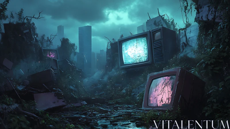 Glowing abandoned televisions cast eerie light on ruined city