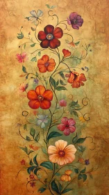 Vertical floral scrollwork unifying warm-toned ornamental wall