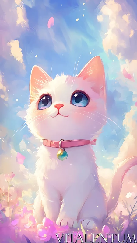 Bright-eyed white kitten gazes at a dreamy pastel sky