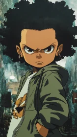 Defiant urban kid stares down city night with fierce resolve.