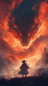 Lone warrior meets a colossal fire dragon in blazing sky