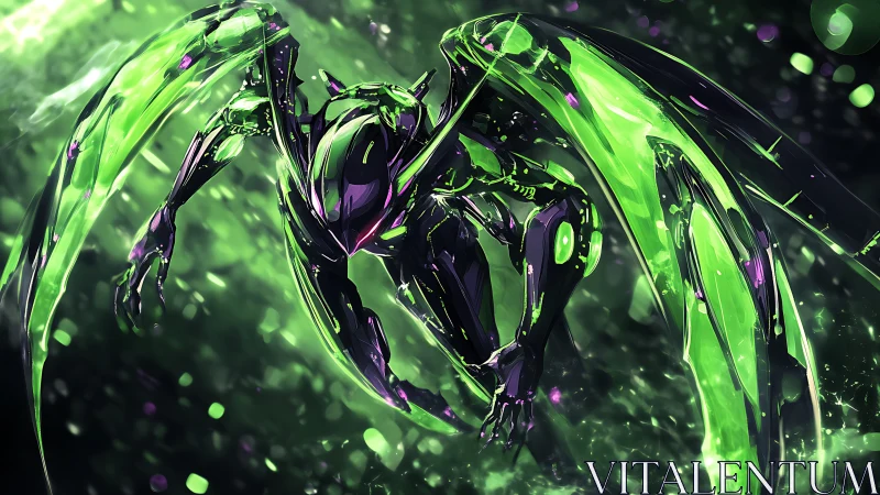 Neon cyber mech dives through glowing green vortex storm.