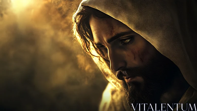 Hooded bearded man gazes downward through warm golden light