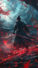 Armored samurai on ember-strewn slope under cyan storm sky