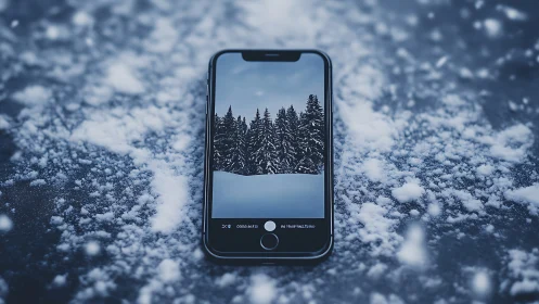Smartphone screen framing snowy forest in winter landscape.