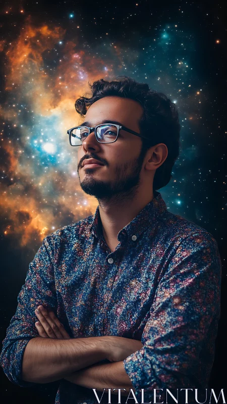 Astrophysical portrait of reflective man against nebular starfield.