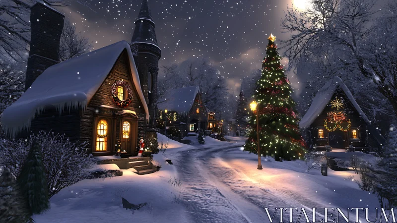 Moonlit village Christmas glow under drifting snowfall magic.