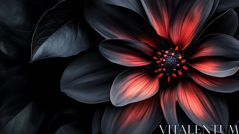 Dark Flower with Red Petals and Black Center Against Black
