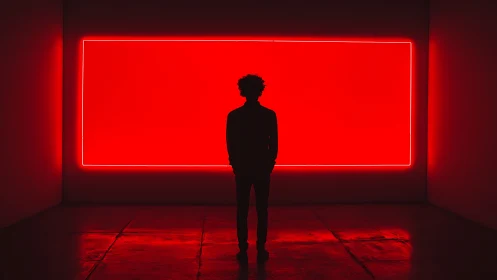 Silhouetted viewer studies large red neon light rectangle