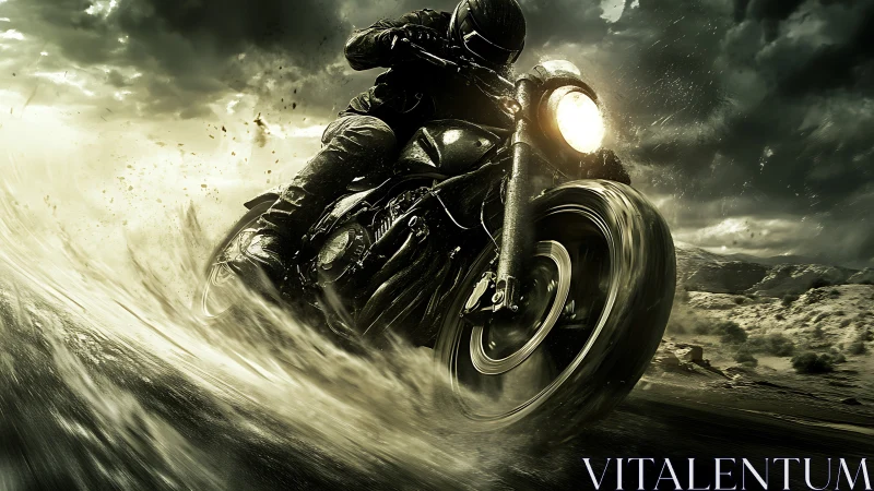 Motorcyclist cornering hard on wet dirt road at speed.