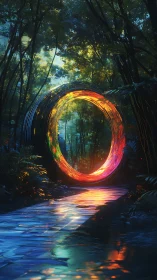 Luminous circular portal structure in dense forest clearing.