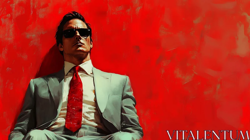 Man in suit against intense red abstract backdrop.